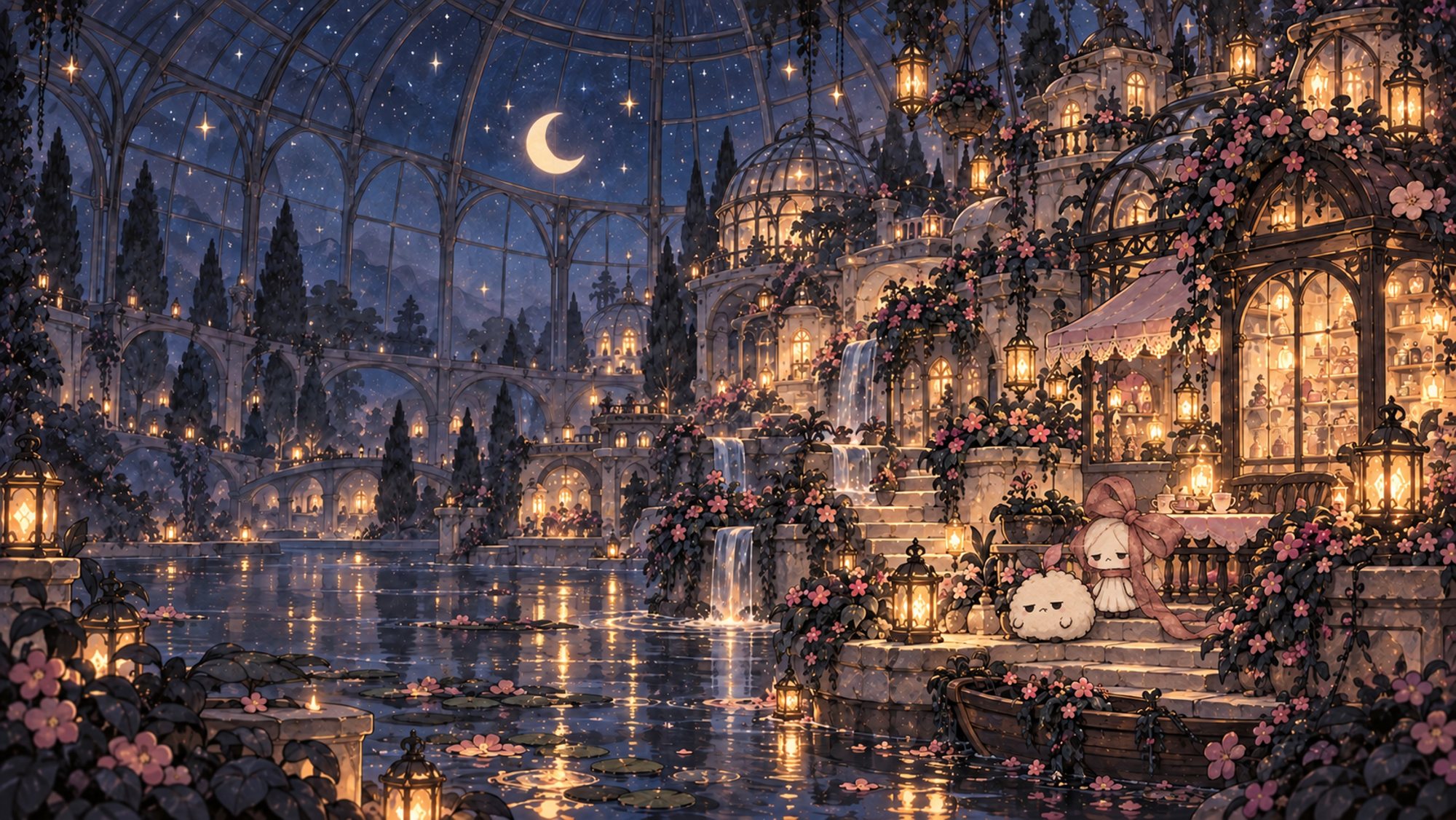 月夜のガラスの温室に広がる小さな町。階段にどくもこ(左)とくさりぼん(右)が座っている。